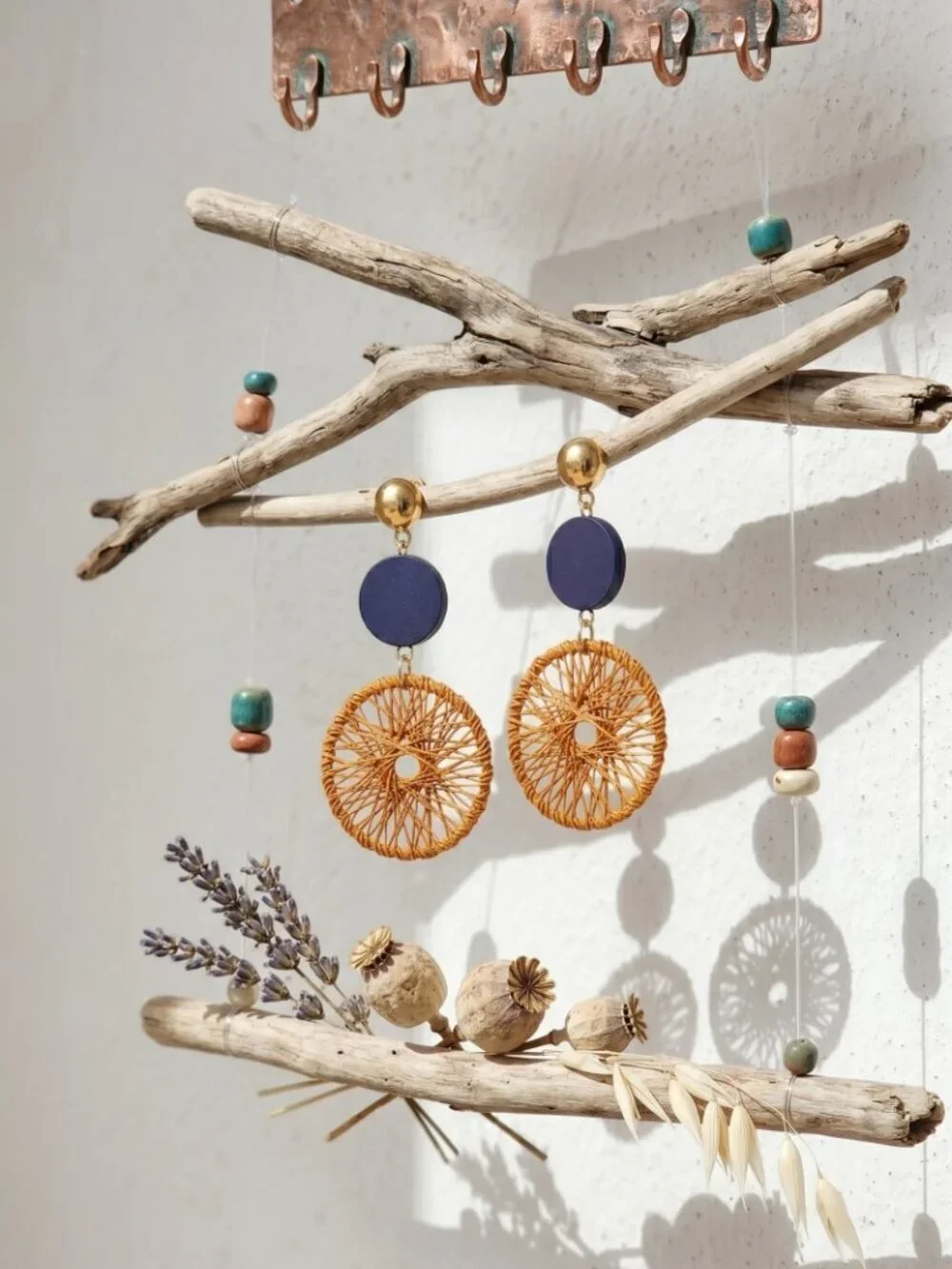 Handwoven Spiral Dangle Earrings Navy Gold Wood Disc Mediterranean 2.6